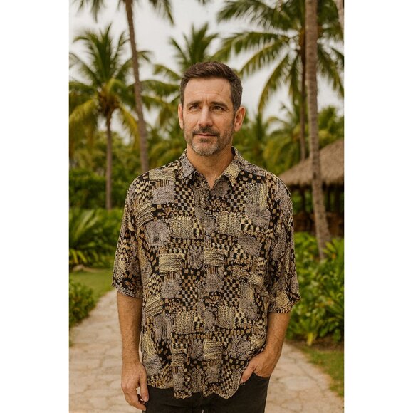 Vintage Countess Mara Rayon Shirt L 90s Abstract Geometric Hawaiian Shirt Resort - Picture 1 of 8